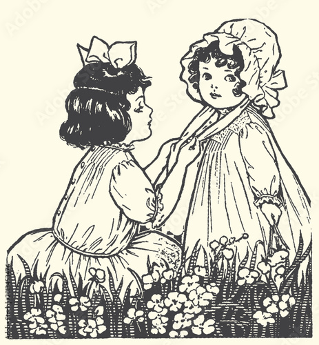 Konstfotografi Two young girls in bonnets playing in a field of flowers vintage illustration bl