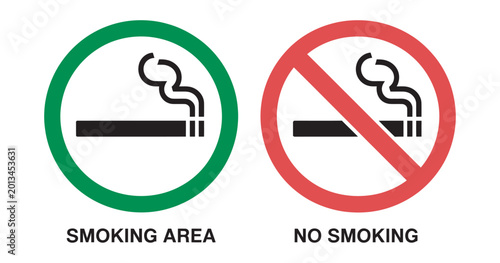 Billede på lærred No Smoking Area and Smoking Area Sign Vector Illustration, Printable Red Green and Black Warning Symbols for Public Safety Signage
