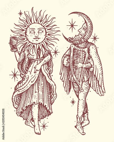 Konstfotografi Sun and moon personifications with star decorations hand drawn personification i