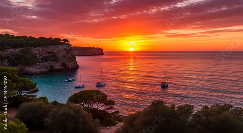 Vibrant Sunset Illuminating Sailboats in Rocky Mediterranean Cove