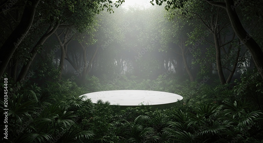 Fototapeta premium Empty white podium in dark jungle with ethereal light beam