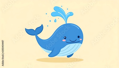Smiling cartoon blue whale splashing water.
