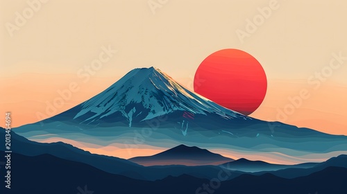 Minimal Japanese Mount Fuji with Red Sun Landscape
