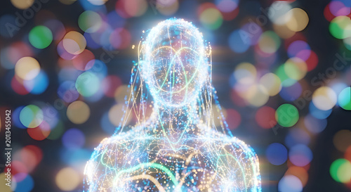 Futuristic human form with glowing connections.