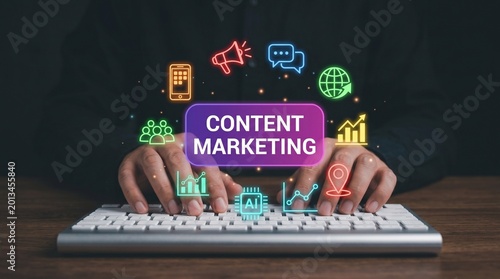 Content marketing strategy and infographics on computer screen in office