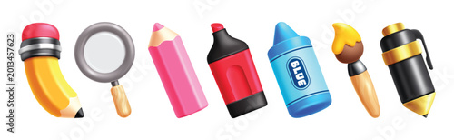 Obraz na płótnie Set of 3D educational school and office supply elements clipart like pencil, magnifying glass, crayon, highlighter, paintbrush and pen for education and learning concept vector illustration