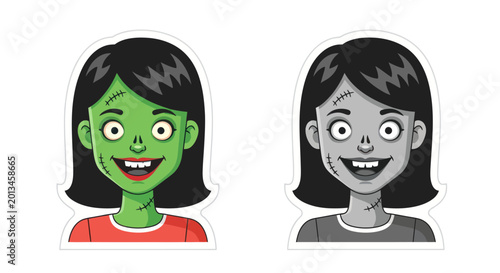 Photography Zombie Girl Comparison: Green vs. Grayscale Illustration