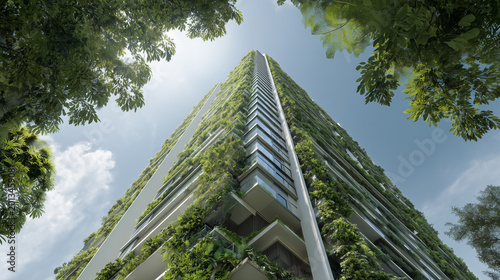 Modern Green Building Covered with Plants Viewed from Low Angle Perspective