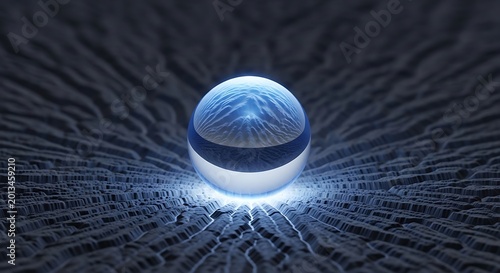 Glowing Crystal Sphere Resting on Dark Textured Surface with Blue Light