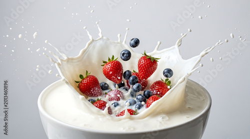 Dynamic High Speed Photography Of Plump Strawberries And Blueberries Splashing Into A Pure White Milk Swirl
