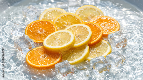 Cinematic Macro Photography Of Fresh Bright Orange And Lemon Slices Floating In Crystal Clear Ice Water