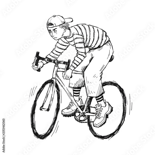 Cyclist riding bicycle minimalist black and white illustration