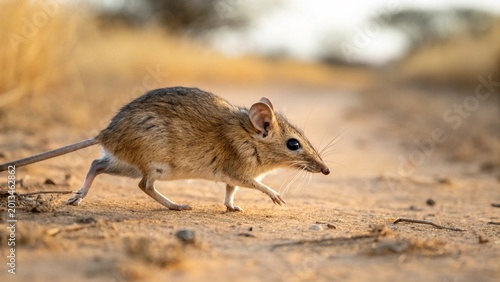 Konstfotografi Close up of Elephant Mouse or elephant shrew or jumping mouse running in natural habitat, African savanna, Tanzania