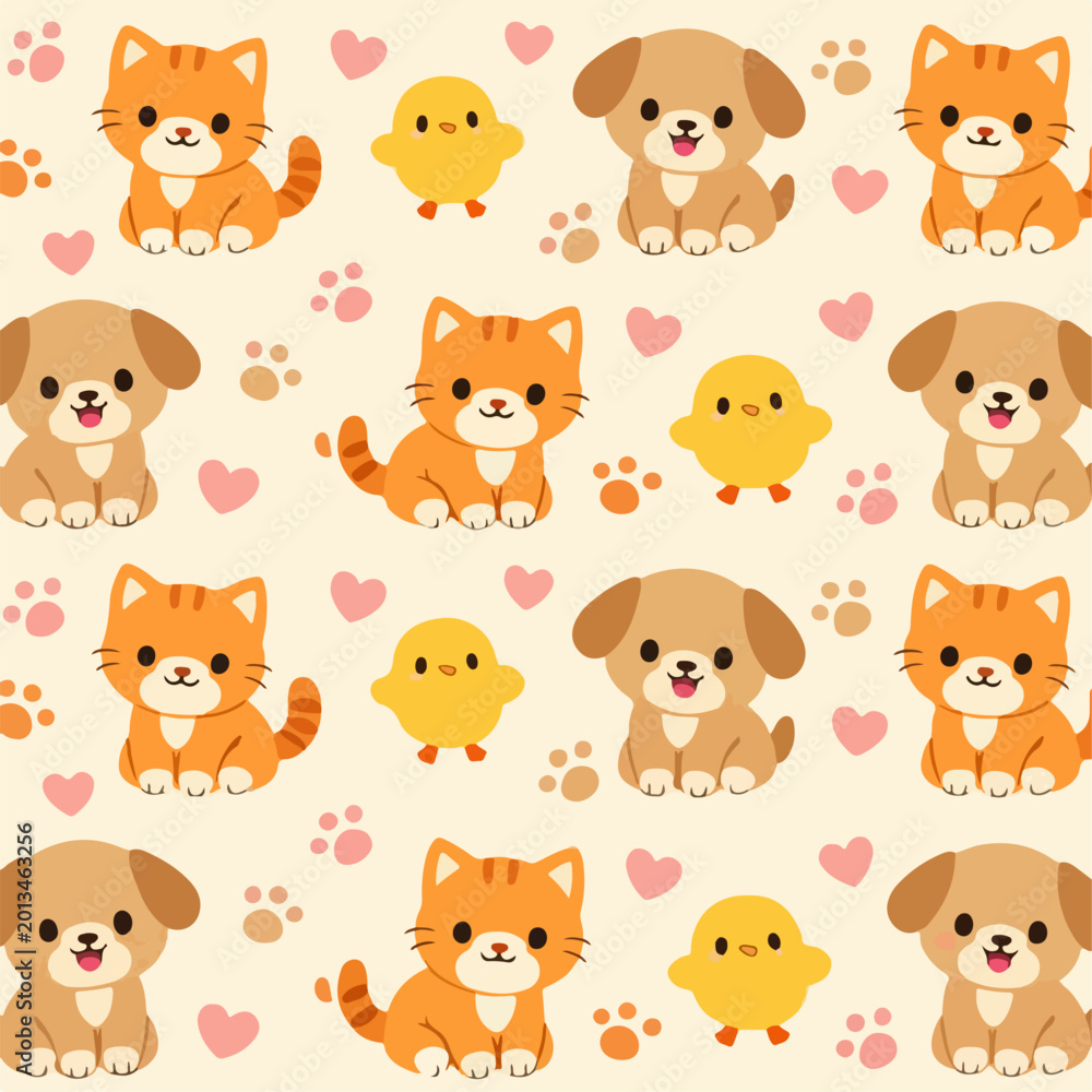 Fototapeta premium Cute Pet and Farm Animal Seamless Vector Background in Flat Style