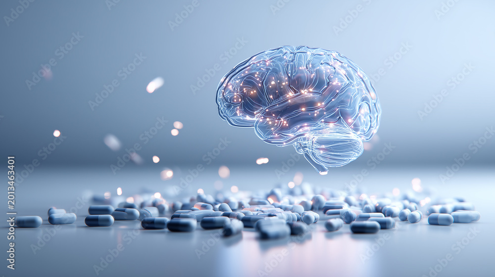 © BestFootageFirst - Human Brain Floating Above Pills Representing Medical Innovation Concept