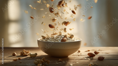 Breakfast Bowl with Cereal and Nuts Bursting into Air with Motion Effect
