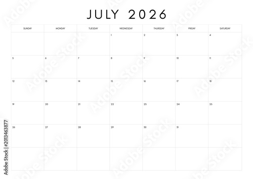 July 2026 calendar isolated on white background