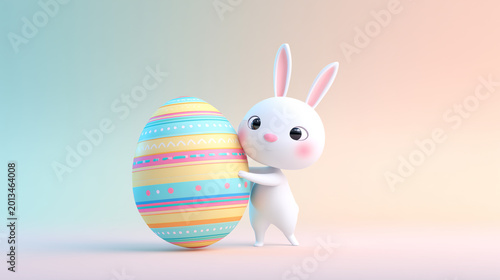Cute Bunny Character Holding Easter Egg in Pastel Background