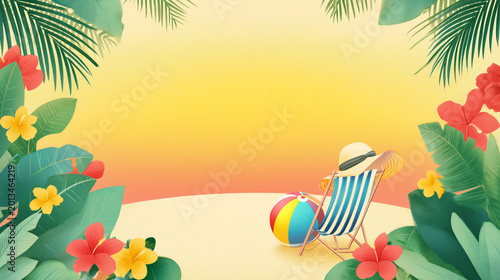 Tropical Beach Illustration with Palm Leaves and Summer Elements