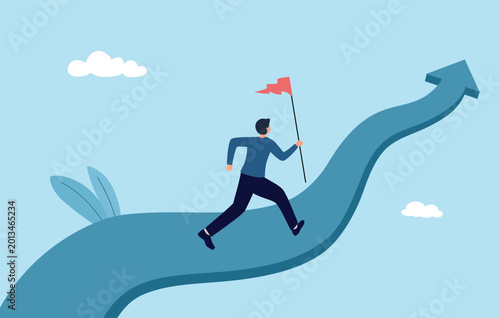 Businessman holding flag running towards highest growth goal, Goal setting leads to success in career or organization, Working towards target, Flat design vector illustration.    
