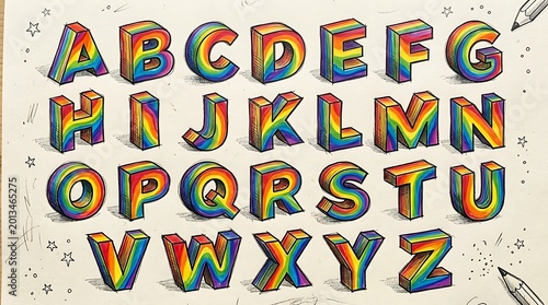 Colorful Three Dimensional Alphabet Letters Arranged on Sketchbook Page