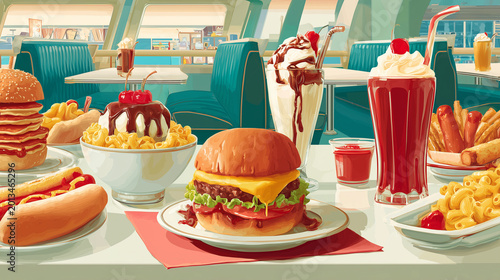Fast Food Set with Cheeseburger French Fries and Soda Vintage Style