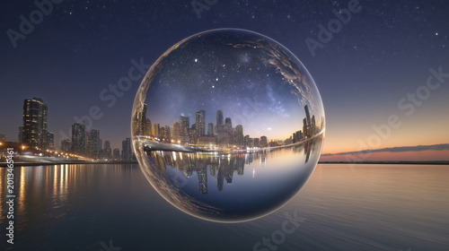 City Skyline Reflected Inside Glass Sphere Surreal Urban Concept