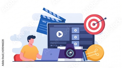 Content marketing strategy and web icons on computer in modern office