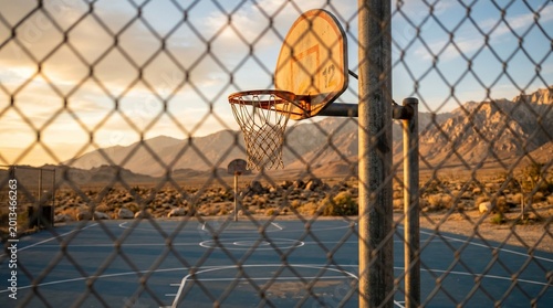 Foto Outdoor Basketball Hoop in Desert Landscape at Sunset Through Chain Link Fence