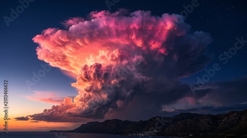 Photos Dramatic sunset cumulonimbus cloud over coastline at dusk.