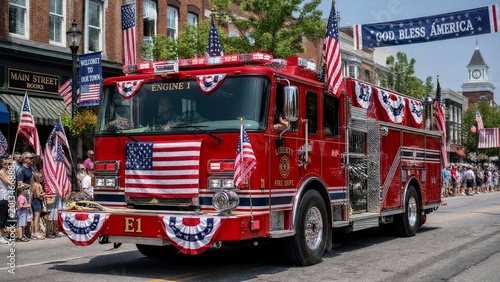Patriotic Fire Truck Decorated with American Flags in a Small Town Parade