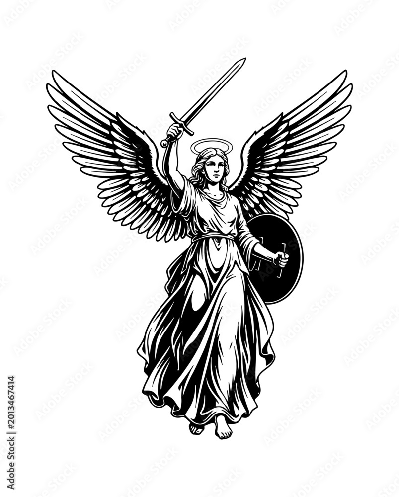 Fototapeta premium Divine female angel with large wings and halo holding a sword and shield in a powerful triumphant pose