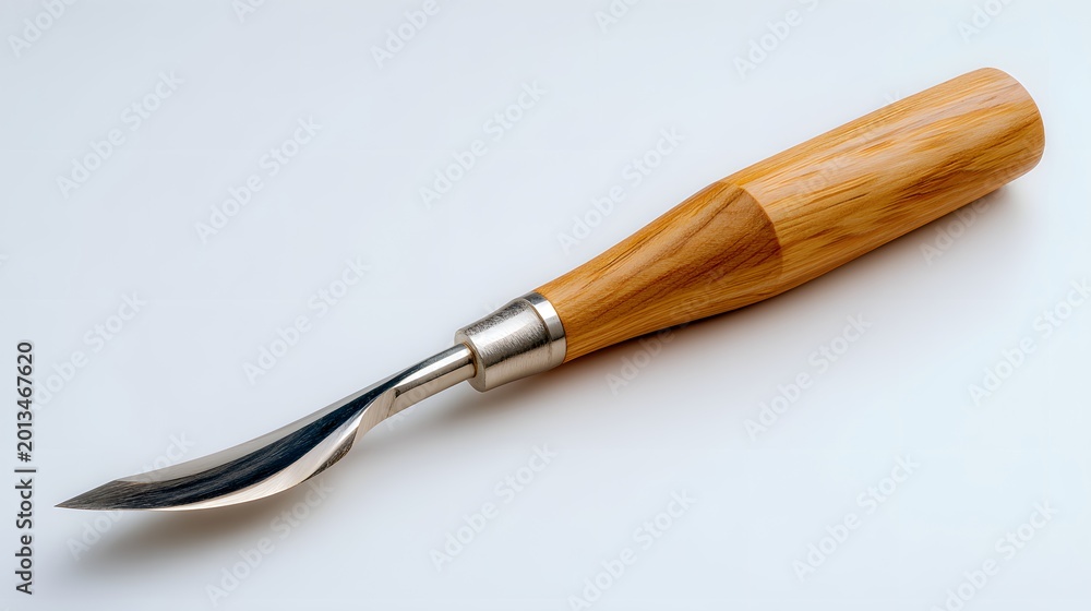 Fototapeta premium Close-up of a sharp wood carving gouge tool with a wooden handle.