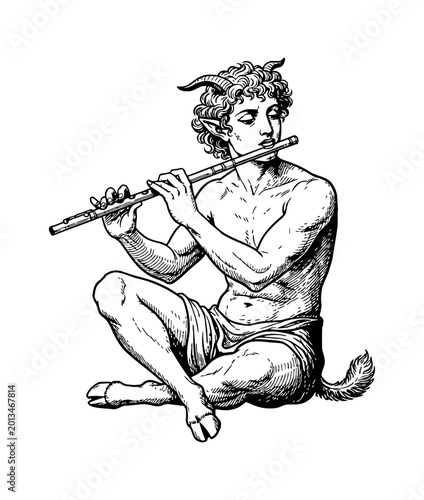 Mythical faun or satyr creature playing a flute with a serene expression in a sitting pose