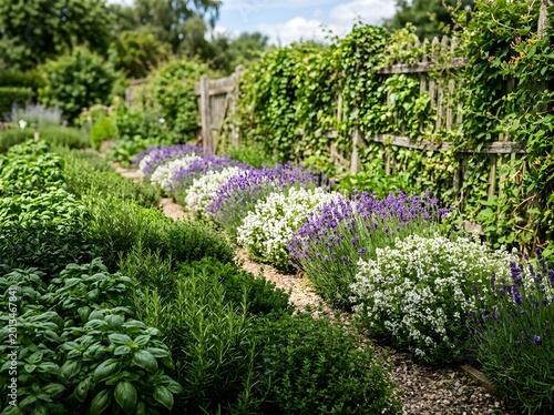A serene garden scene with lush green plants, vibrant purple and white flowers, and a trellis, showcasing a variety of flora in a natural outdoor setting with herbs and blooms.