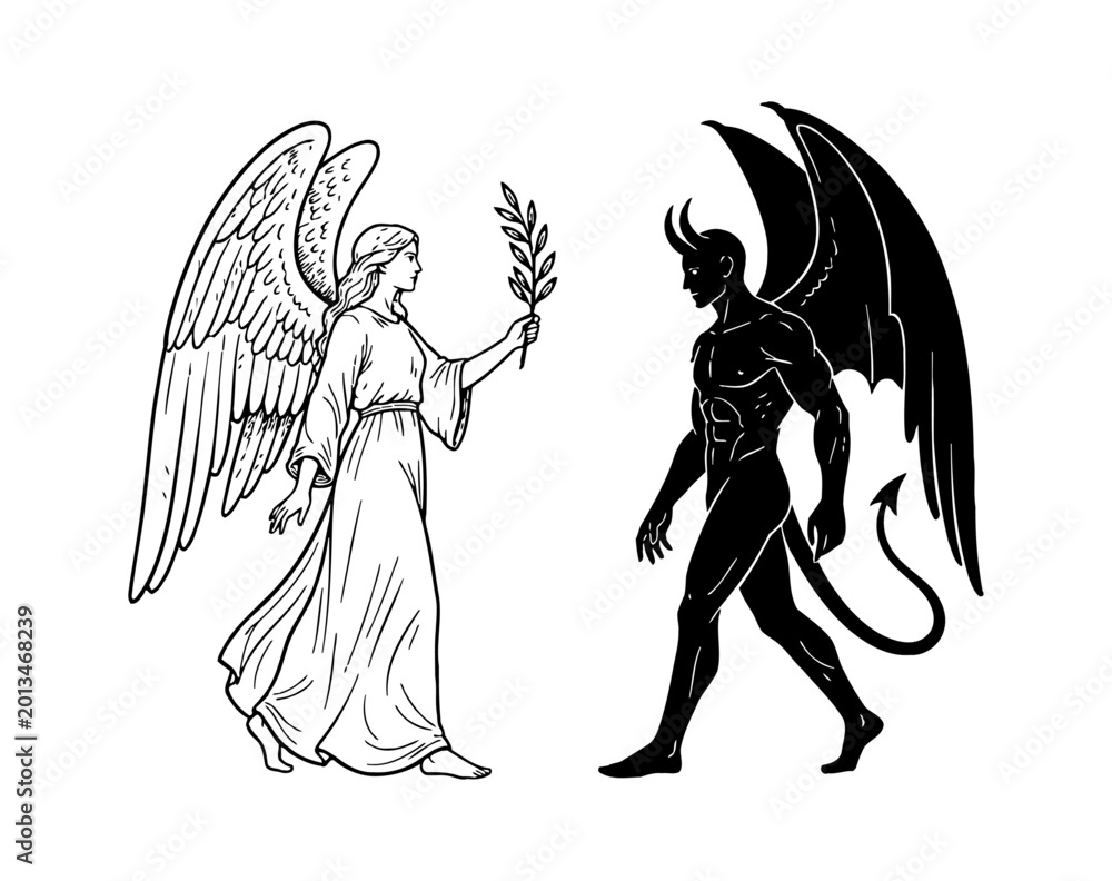 Fototapeta premium Serene angel woman with large wings offers an olive branch to a powerful horned demon man in black and white line art