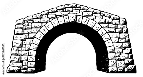 Vintage style stone arch bridge in black and white outline illustration simple drawing