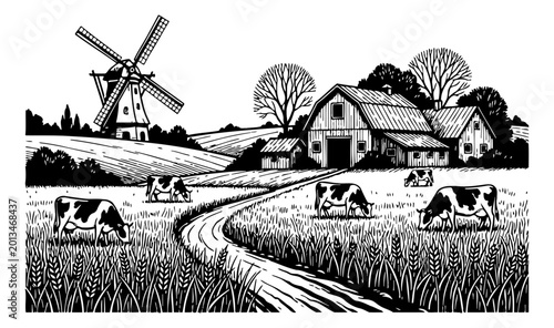 Rural Farm Scene with Grazing Cows Windmill and Barns in a Detailed Black and White Line Art Illustration