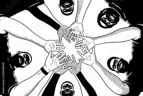 Group of Happy Smiling African American Men Huddle Together Joining Hands in Unity Black and White Illustration