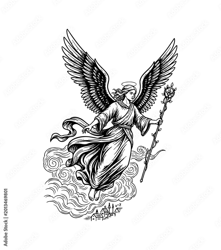 Naklejka premium Serene Angel with Wings and Halo Floating on Clouds Above a Village Holding a Floral Staff Black and White