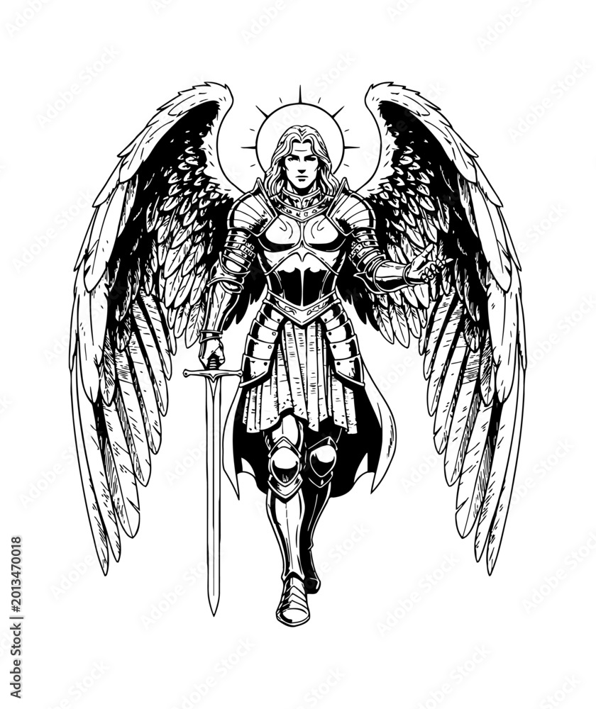 Naklejka premium Mighty Winged Warrior Angel in Full Armor Standing Tall Holding Sword with Hand Outstretched and Halo