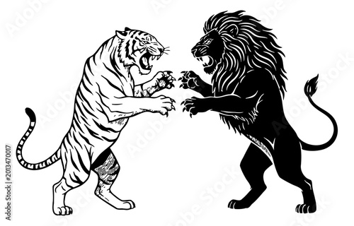 Black and white illustration of a roaring tiger and lion facing off in a fierce aggressive confrontation