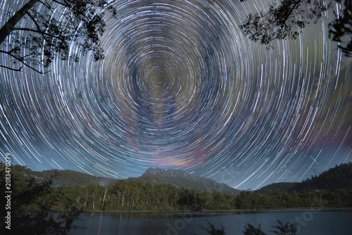 Star Trails over Lake and Mountain