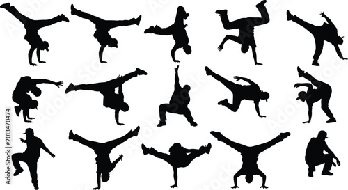 Schilderij op canvas Breakdance and hip hop dancer silhouettes performing dynamic acrobatic moves iso