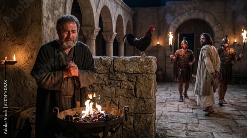 Saint Peter weeping near fire after rooster crows with Jesus Christ held captive by roman soldier. Biblical scene of denial and betrayal representing catholic faith and passion.