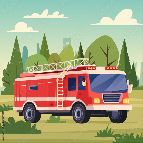 A fire truck is driving through a city park with trees and buildings