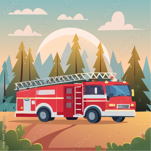 A fire truck with a ladder on top drives through a forest landscape.