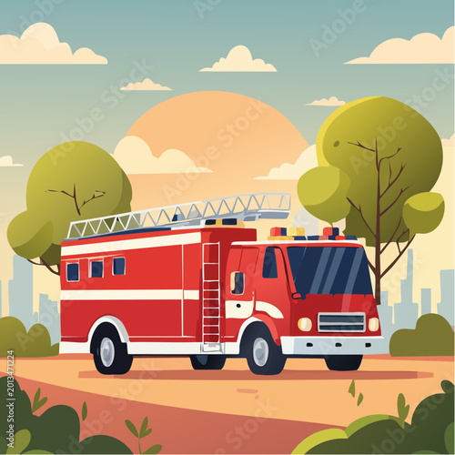 A fire truck drives down a road with trees and cityscape in background