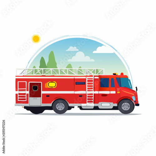 A fire truck is driving on the road in a sunny landscape with trees