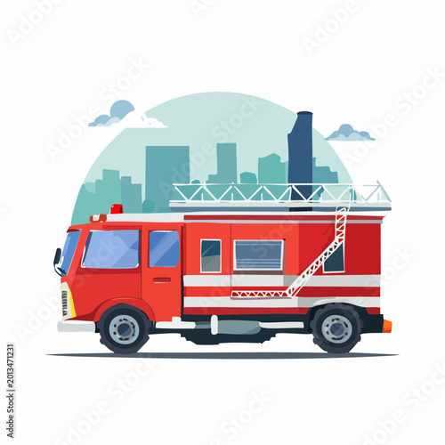 Fire truck driving through cityscape with skyscrapers and clouds overhead